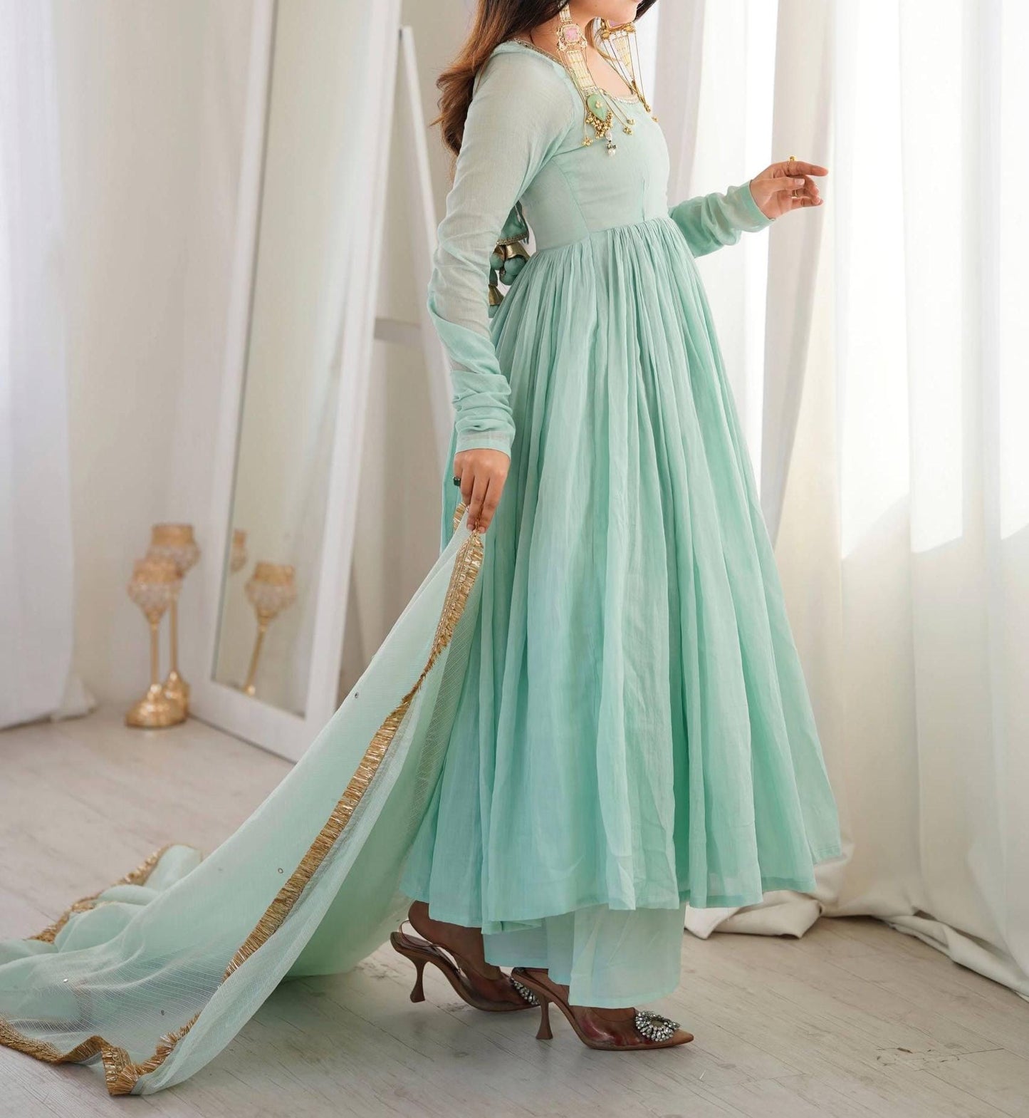 Sea Green Georgette Anarkali Gown with Designer Lace Work and Full Sleeves