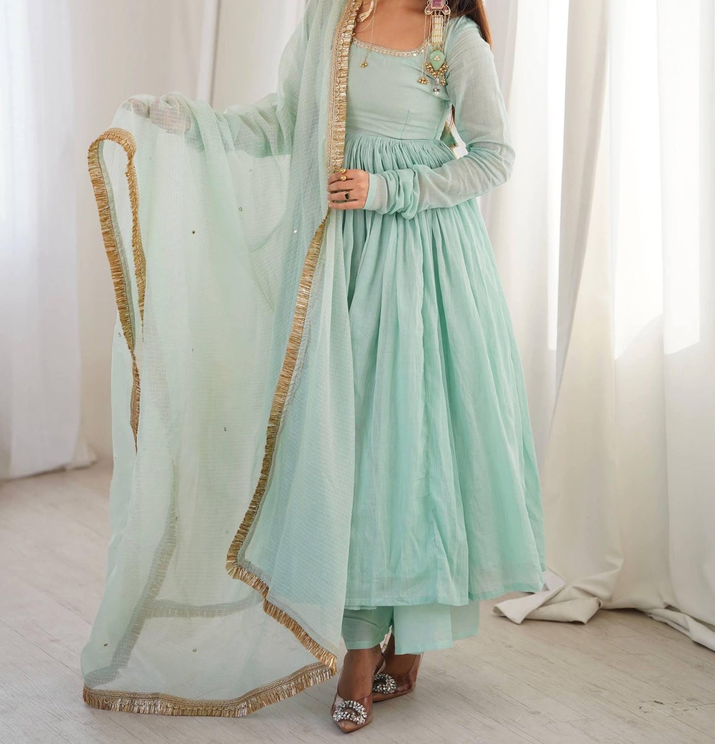 Sea Green Georgette Anarkali Gown with Designer Lace Work and Full Sleeves