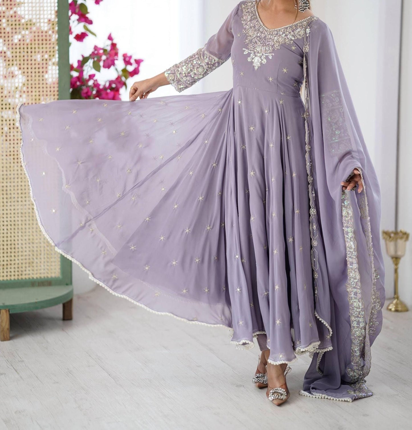 Lavender Embroidered Anarkali Gown with Dupatta | Indian Wedding Guest Party Wear
