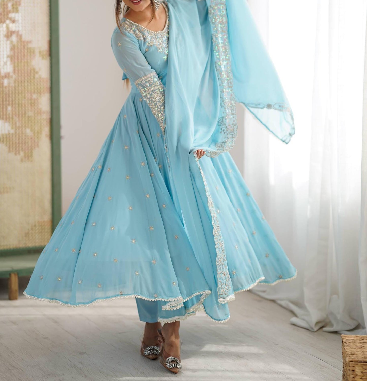 Designer Sky Blue Faux Georgette Readymade Anarkali Suit with Dupatta