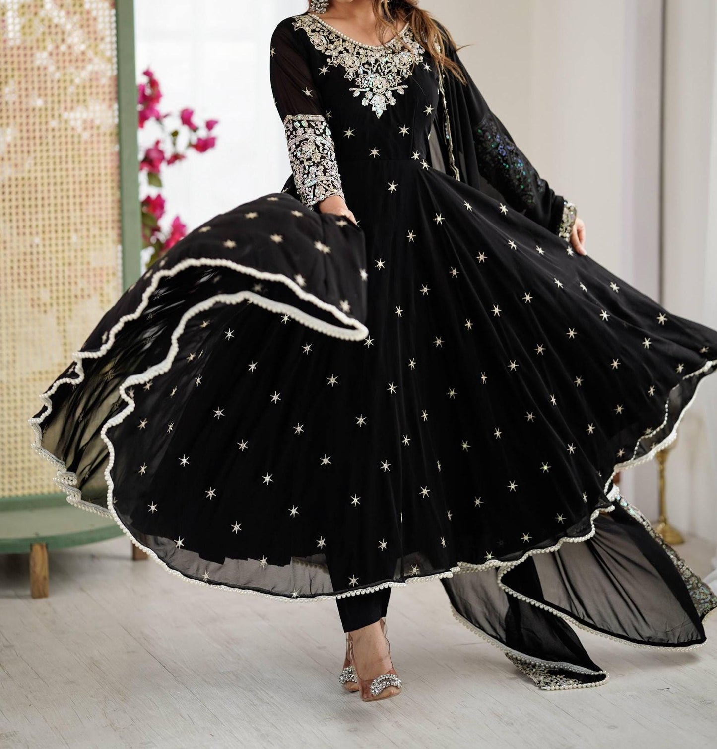 Women's Embroidered Faux Georgette Anarkali Kurta Set with Dupatta