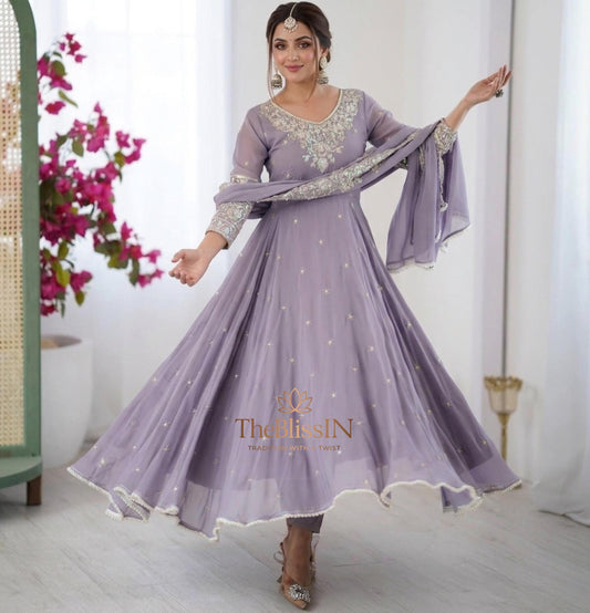 Lavender Embroidered Anarkali Gown with Dupatta | Indian Wedding Guest Party Wear