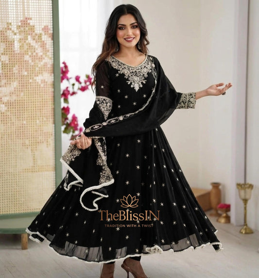 Women's Embroidered Faux Georgette Anarkali Kurta Set with Dupatta