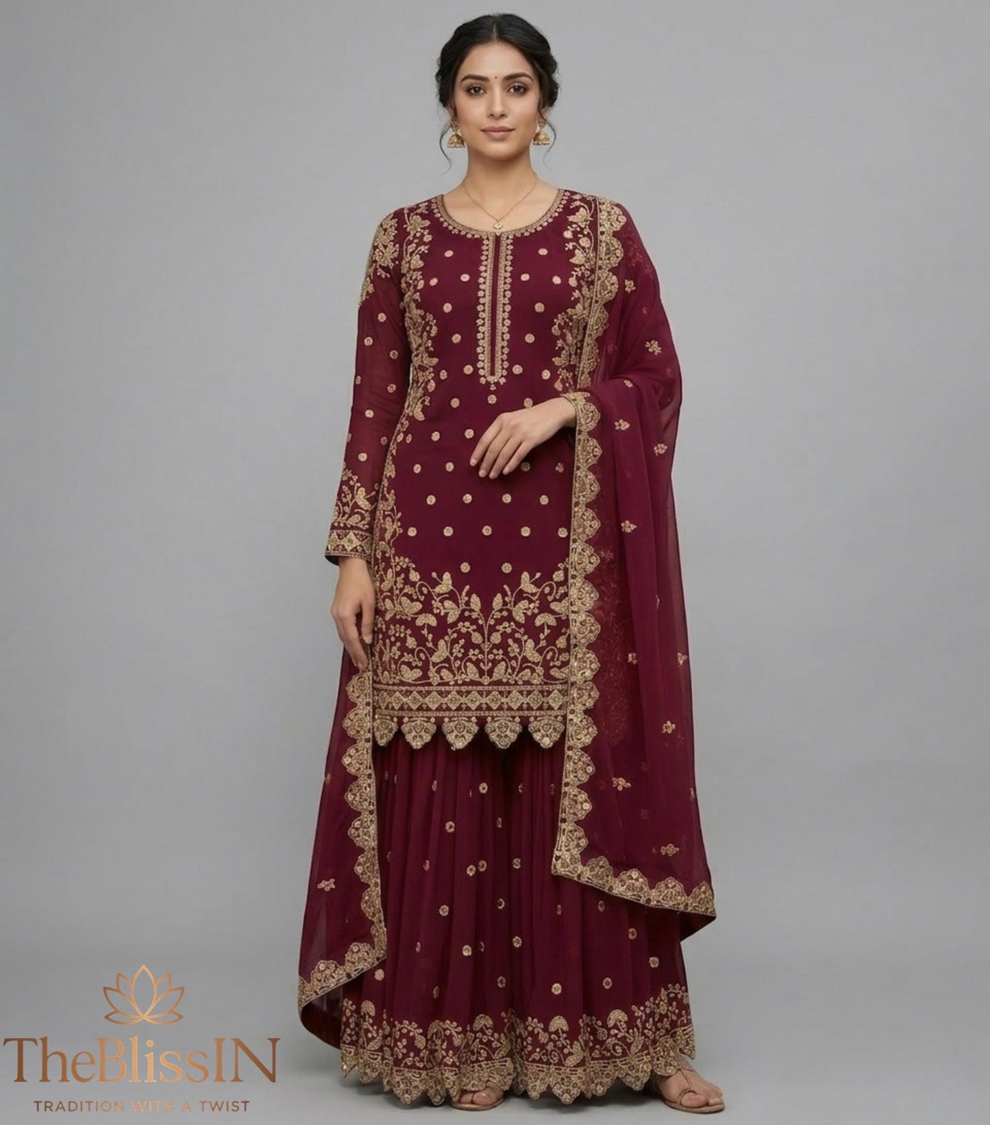 Embroidered Georgette Kurta Palazzo Set with Dupatta | Wedding & Haldi Wear