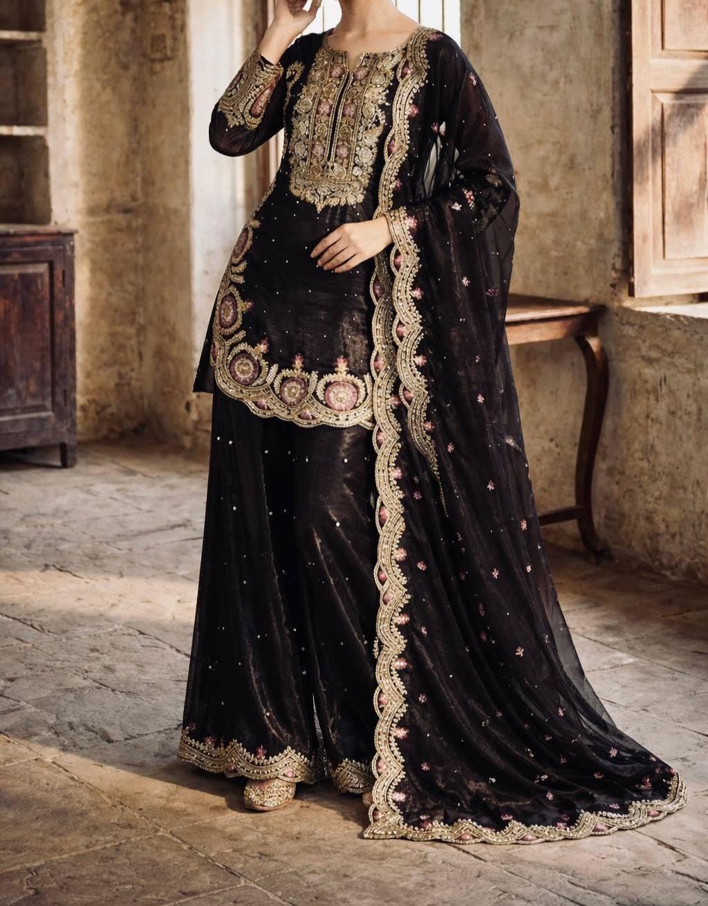 Black Velvet Embroidered Short Kurta & Palazzo Suit , Shalwar Kameez , Punjabi Wedding Suit