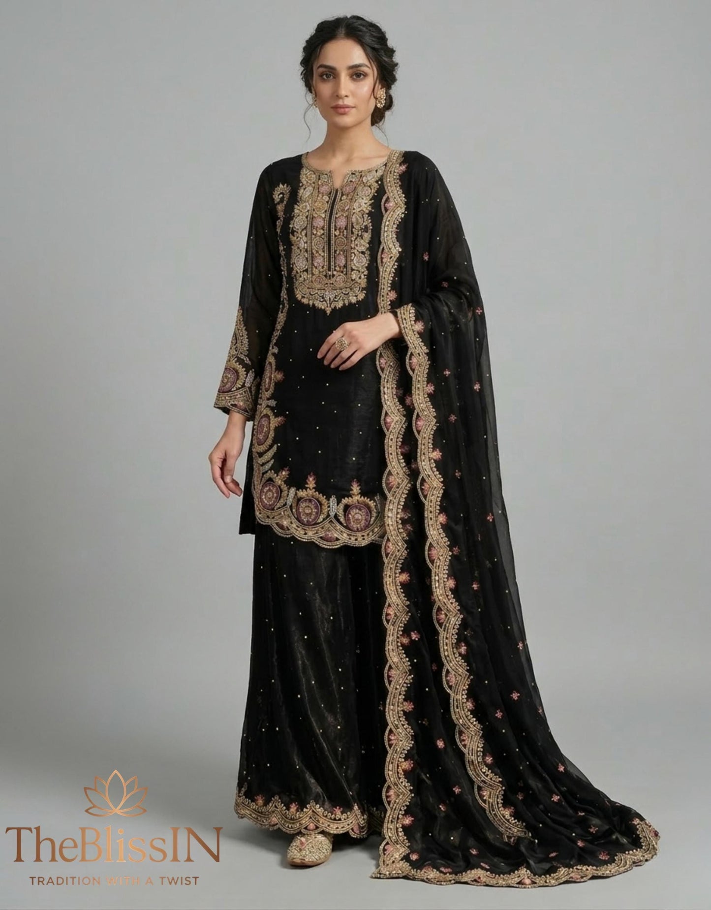 Black Velvet Embroidered Short Kurta & Palazzo Suit , Shalwar Kameez , Punjabi Wedding Suit