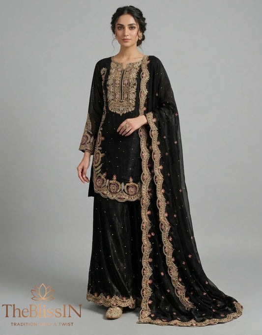 Black Velvet Embroidered Short Kurta & Palazzo Suit , Shalwar Kameez , Punjabi Wedding Suit
