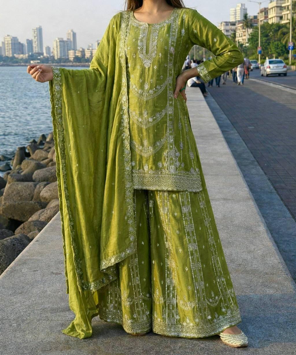 Elegant Parrot Green Kurta Palazzo Set with Sequin Embroidery