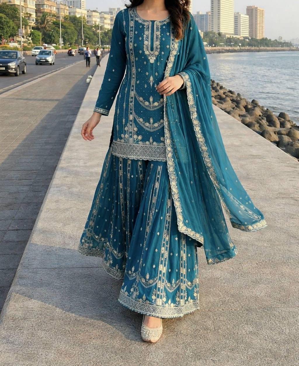 Blue Pakistani Palazzo Suit | Heavy Embroidery & Mirror Work - Women's Ethnic Clothing