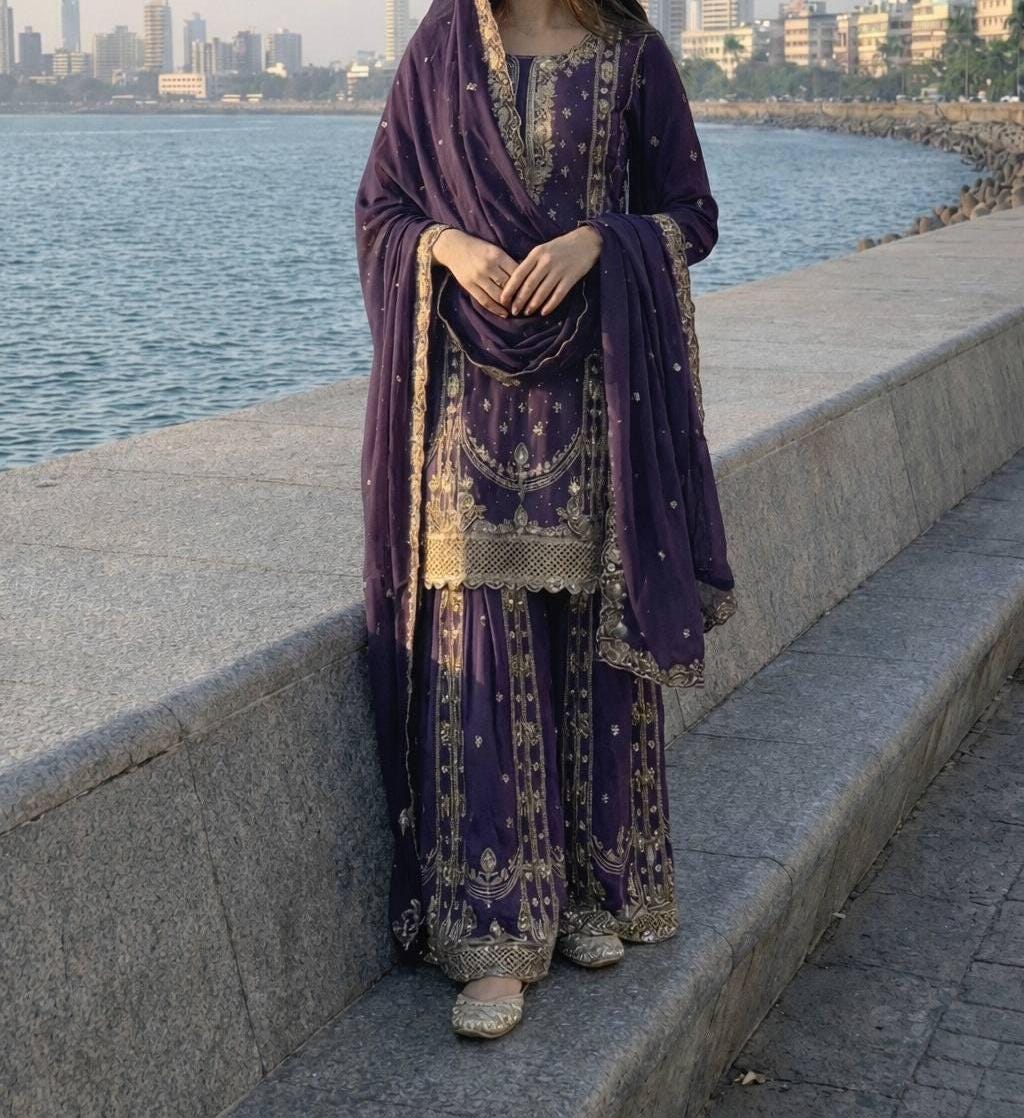 Purple Embroidered Palazzo Suit with Dupatta | Indian Ethnic Wear