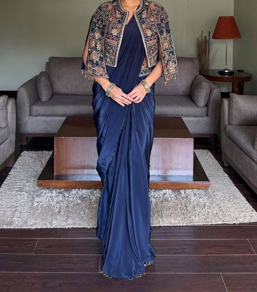 Navy Blue Draped Saree Gown with Embroidered Jacket | Shop Now