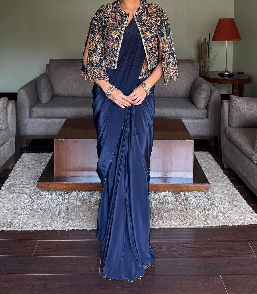 Navy Blue Draped Saree Gown with Embroidered Jacket | Shop Now