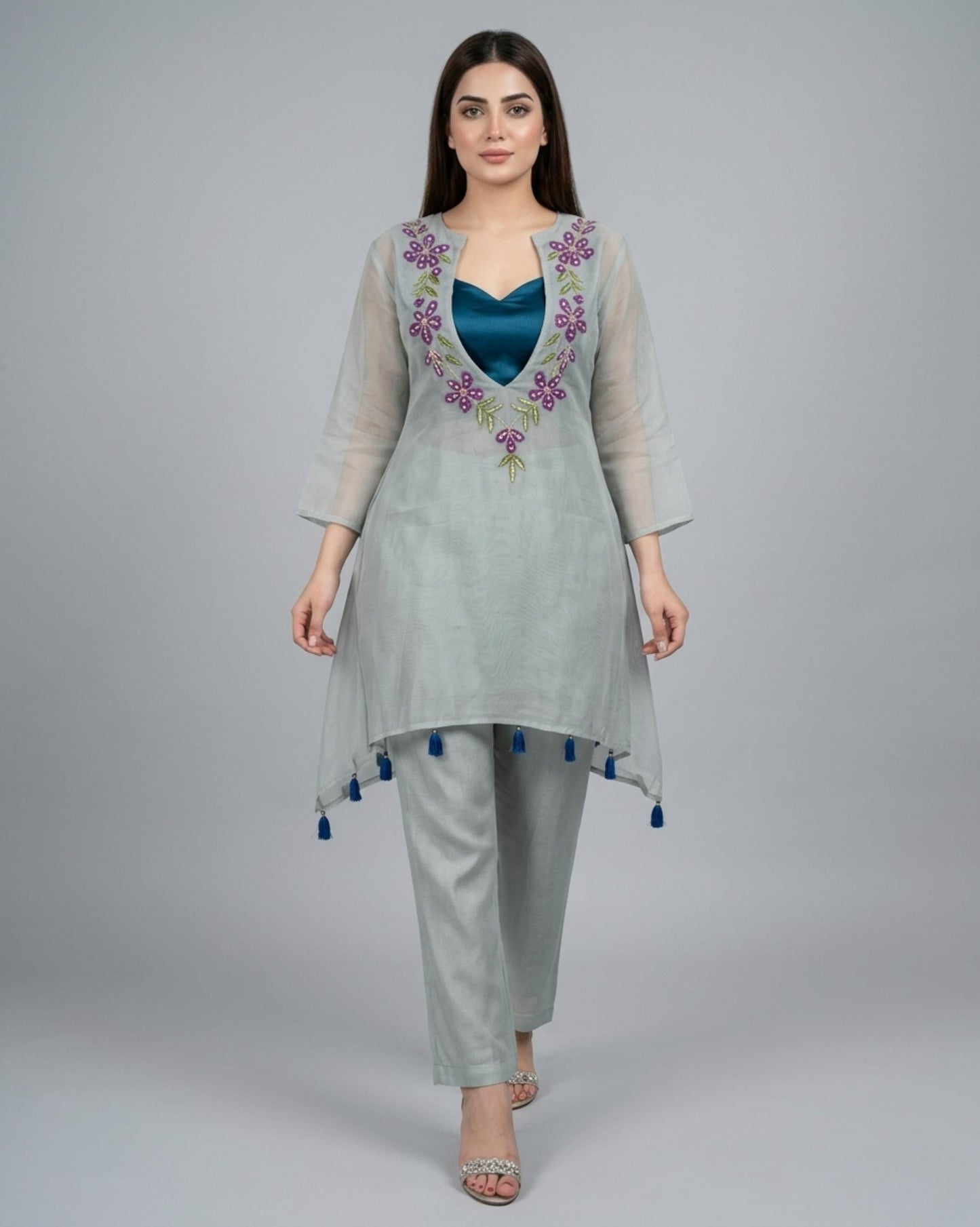 Women's Light Blue Embroidered Kurta Set with Trousers | Stylish Ethnic Wear , Formal Wear