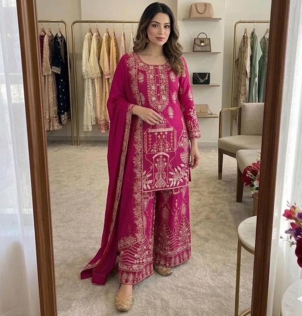 Rani Pink Chinon Silk Embroidered Salwar Kameez with Flared Palazzo