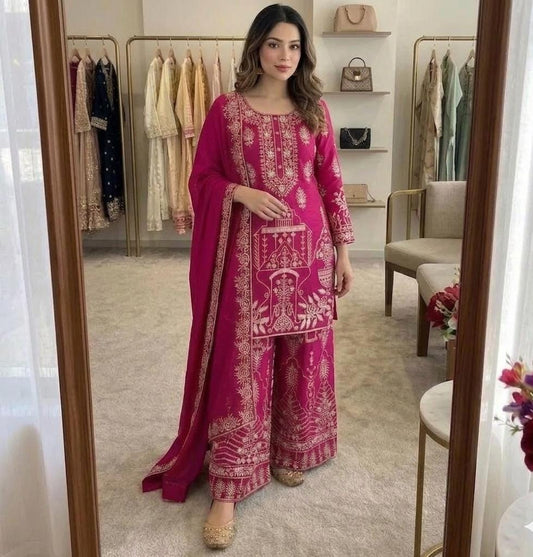 Rani Pink Chinon Silk Embroidered Salwar Kameez with Flared Palazzo