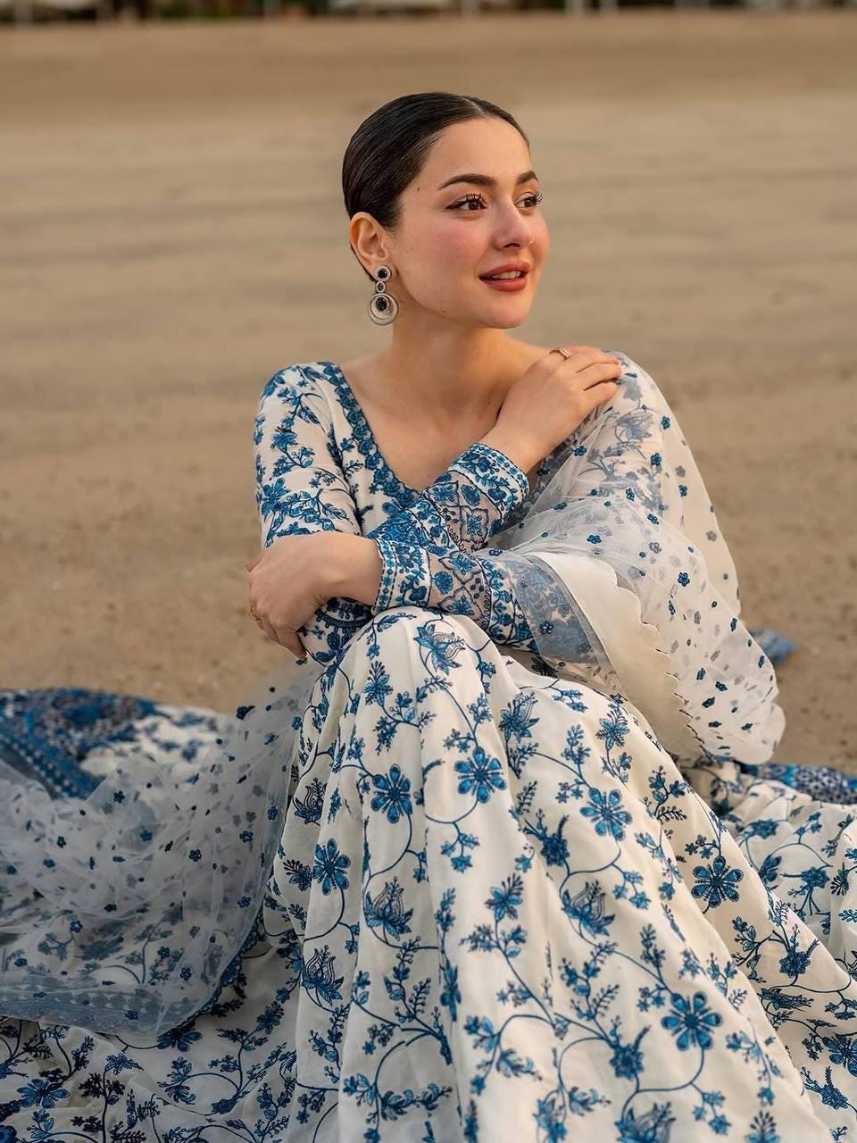 Elegant Blue & White Embroidered Outfit - Lawn Suit , full sleeve gown , ethnic maxi, anarkali with palazzo