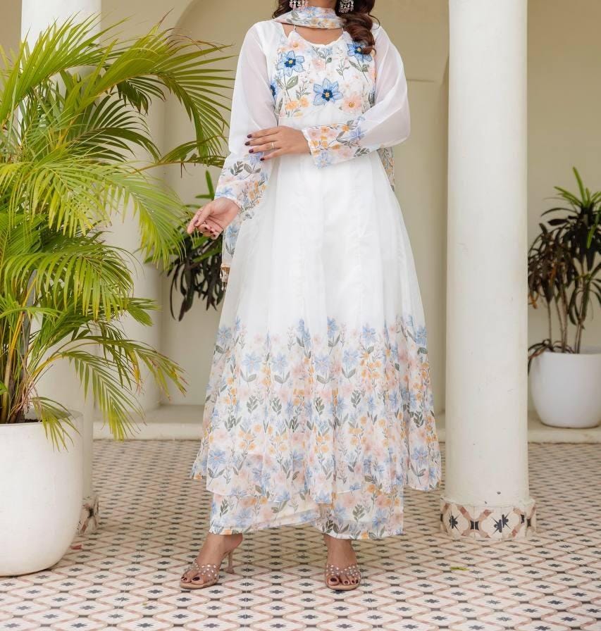 White Floral Print Anarkali Suit Set for Women , Full Flair Gown