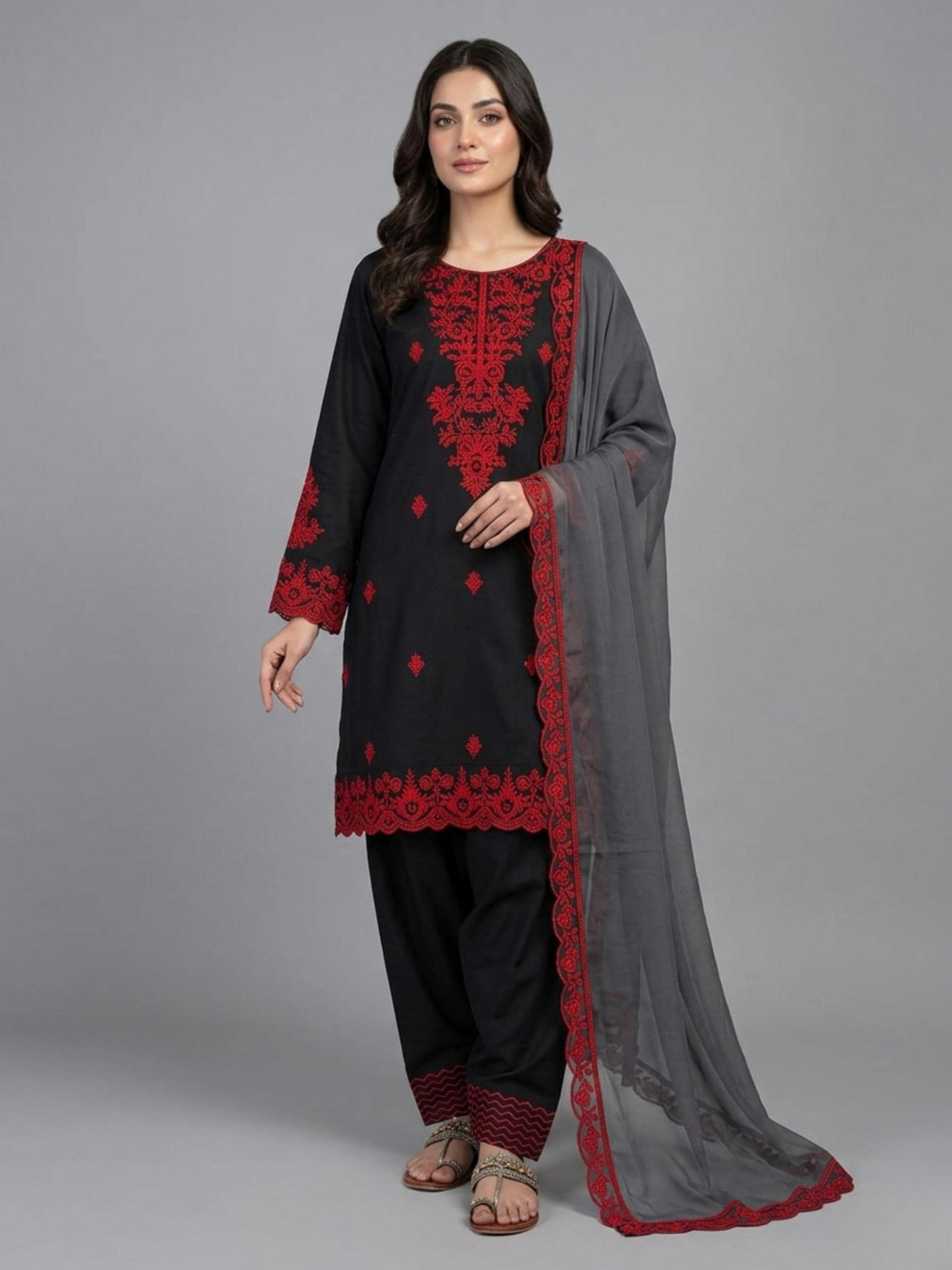 White & Pink Embroidered Cotton Suit Set with Dupatta |