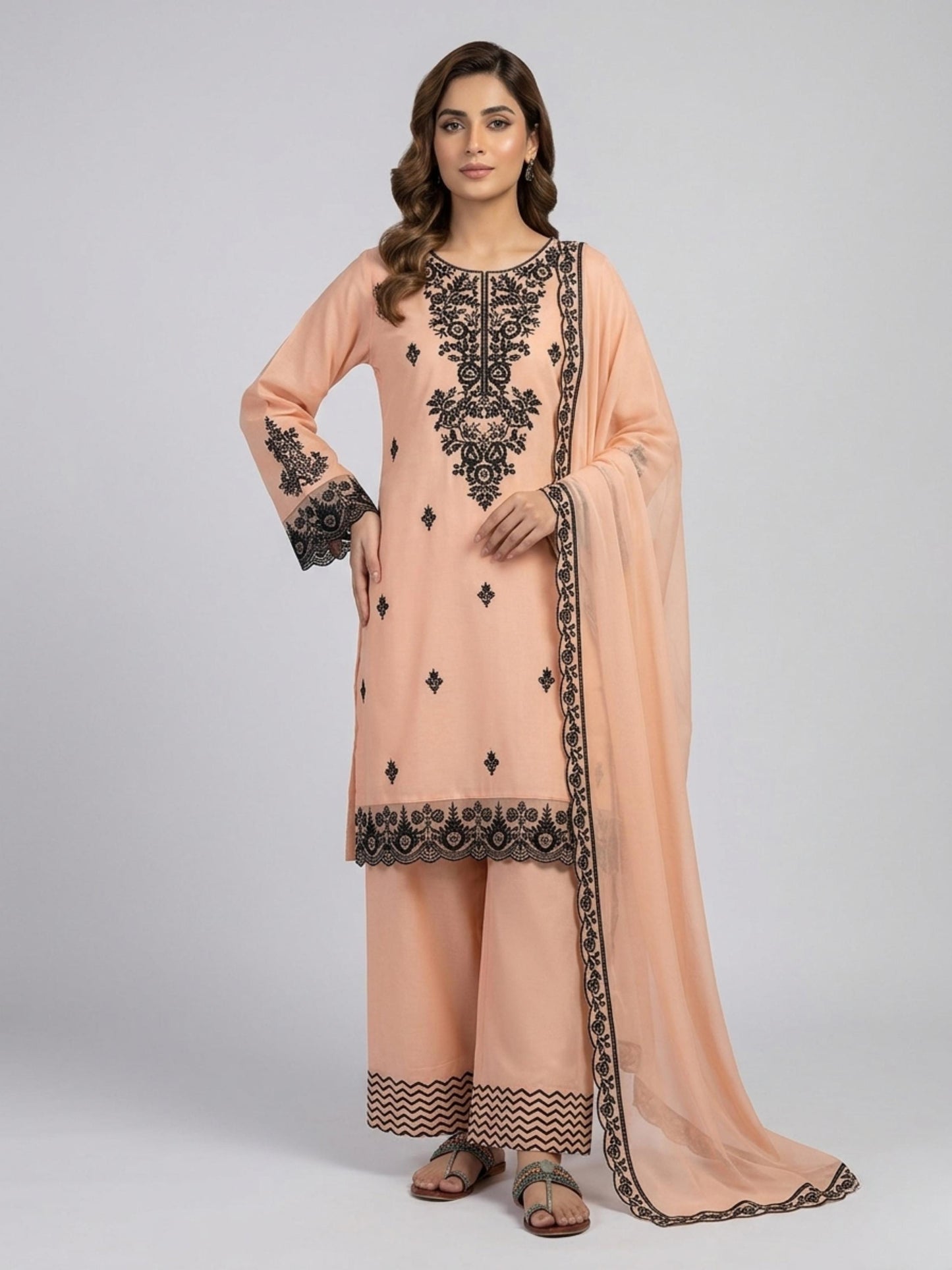 White & Pink Embroidered Cotton Suit Set with Dupatta |