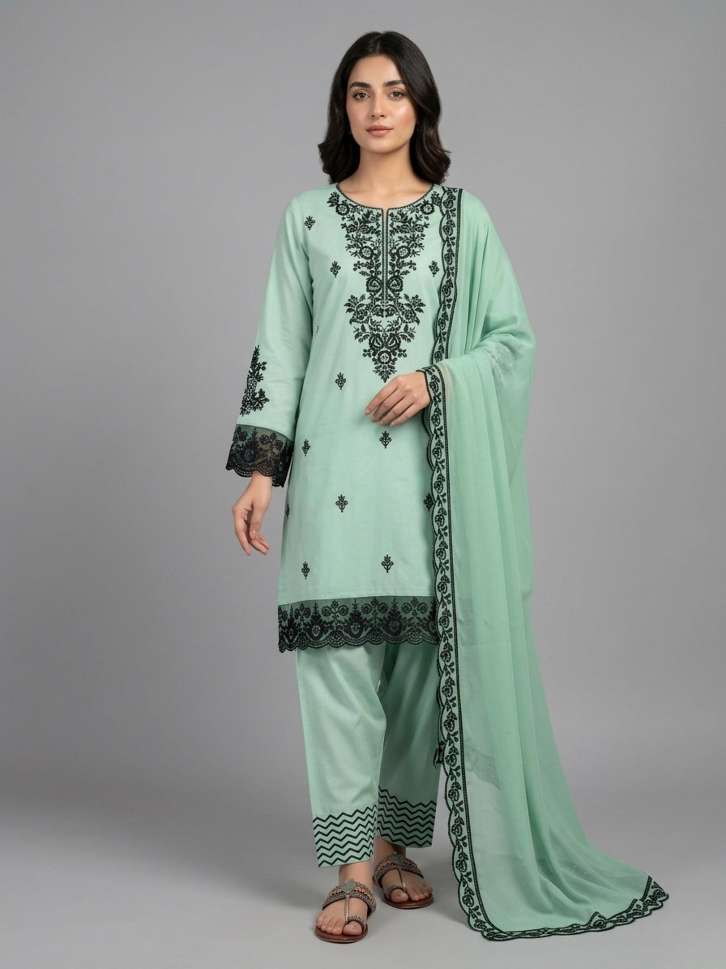 White & Pink Embroidered Cotton Suit Set with Dupatta |