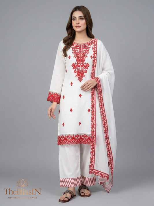 White & Pink Embroidered Cotton Suit Set with Dupatta |