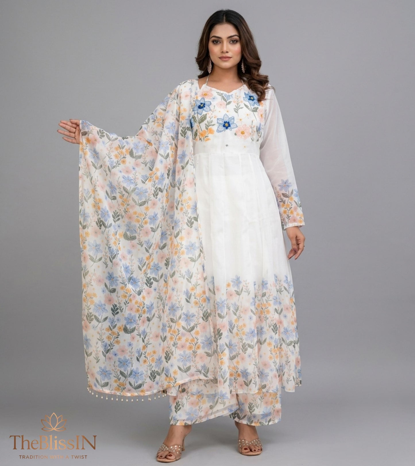 White Floral Print Anarkali Suit Set for Women , Full Flair Gown