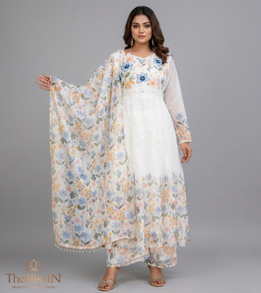 White Floral Print Anarkali Suit Set for Women , Full Flair Gown