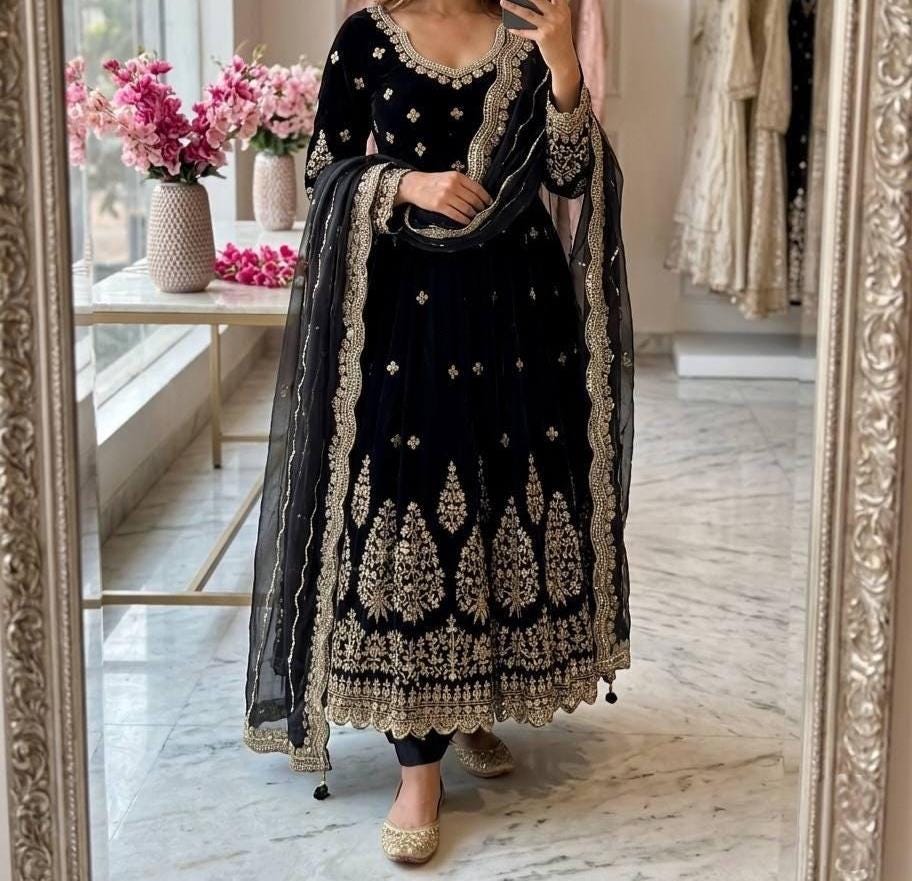 Anarkali Gown with Golden Embroidered Dupatta , Long salwar kameez