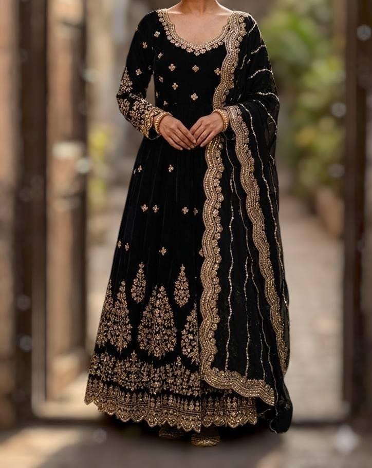 Anarkali Gown with Golden Embroidered Dupatta , Long salwar kameez