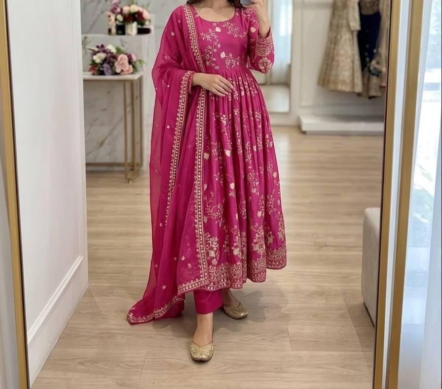Rani Pink Embroidered Anarkali Kurta Set , Sequence Long Dress