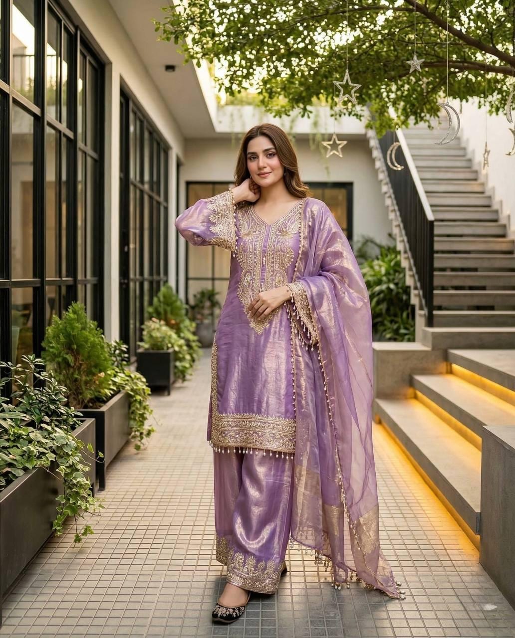 Lavender Silk Embroidered Suit with Palazzo and Dupatta