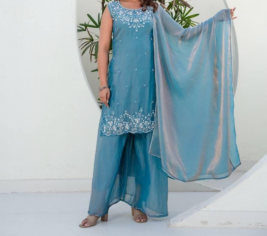 Sleeveless Embroidered Crepe Kurta with Palazzo Pants and Matching Dupatta , Readymade 3-piece ethnic set
