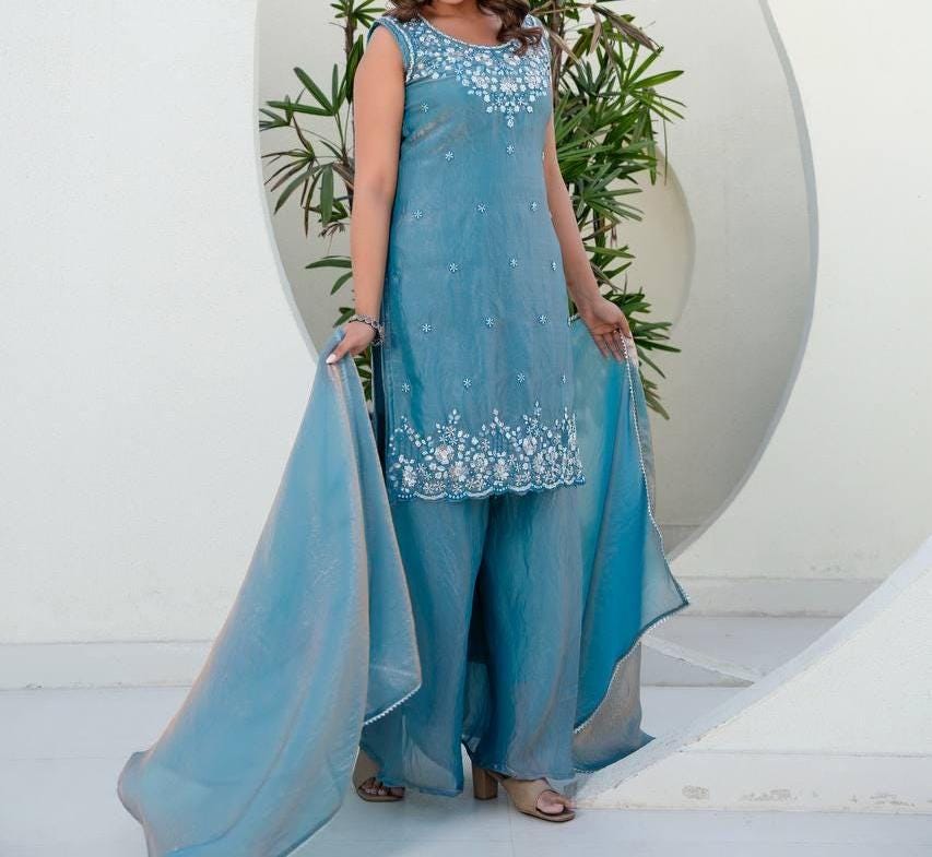 Sleeveless Embroidered Crepe Kurta with Palazzo Pants and Matching Dupatta , Readymade 3-piece ethnic set