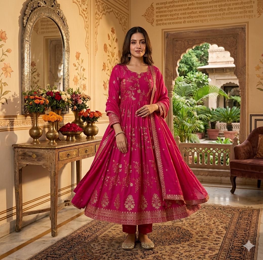 Rani Pink Embroidered Anarkali Kurta Set , Sequence Long Dress