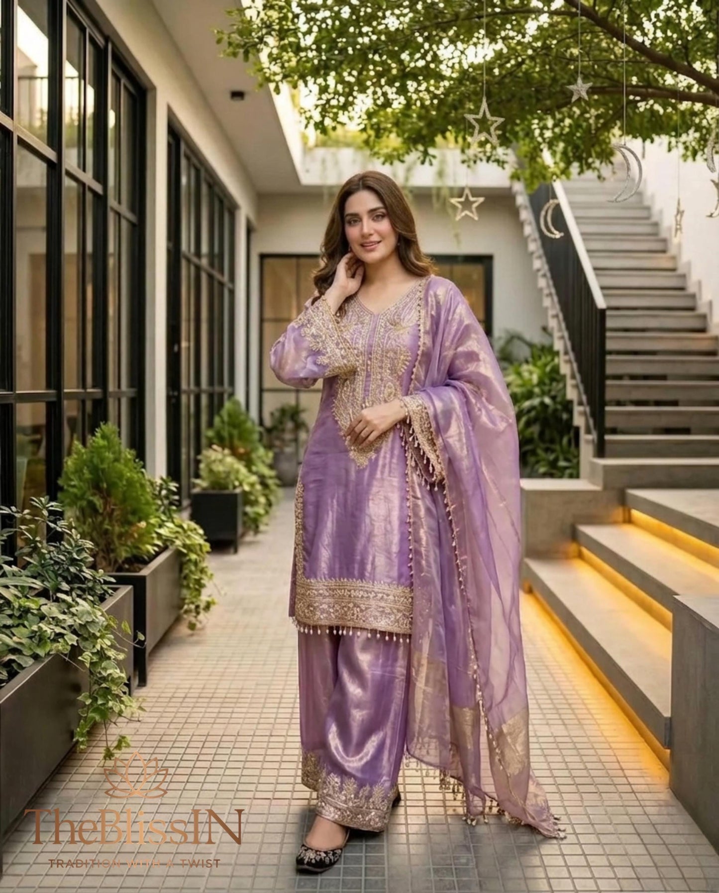 Lavender Silk Embroidered Suit with Palazzo and Dupatta