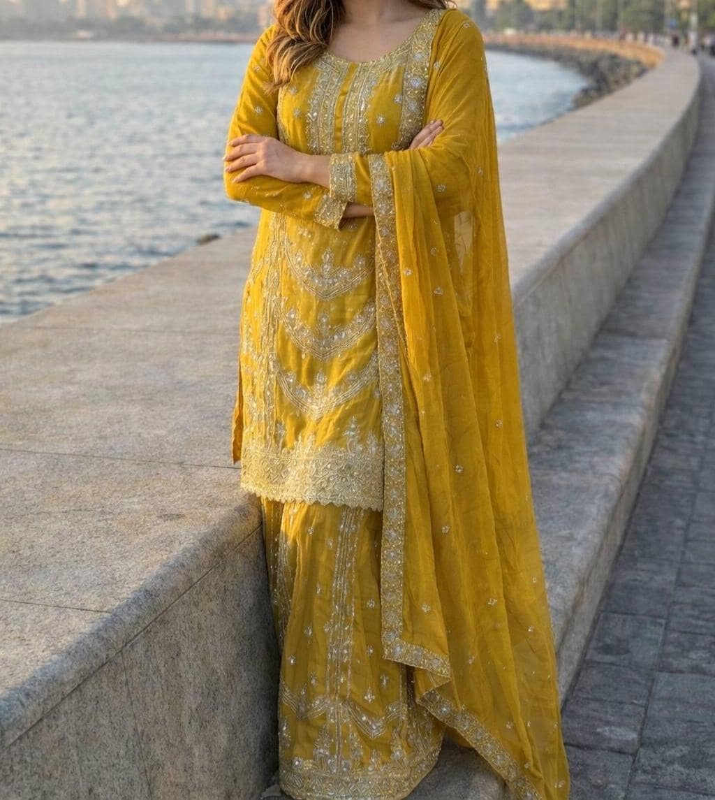 Yellow Embroidered Palazzo Suit with Dupatta | Indian Ethnic Wear