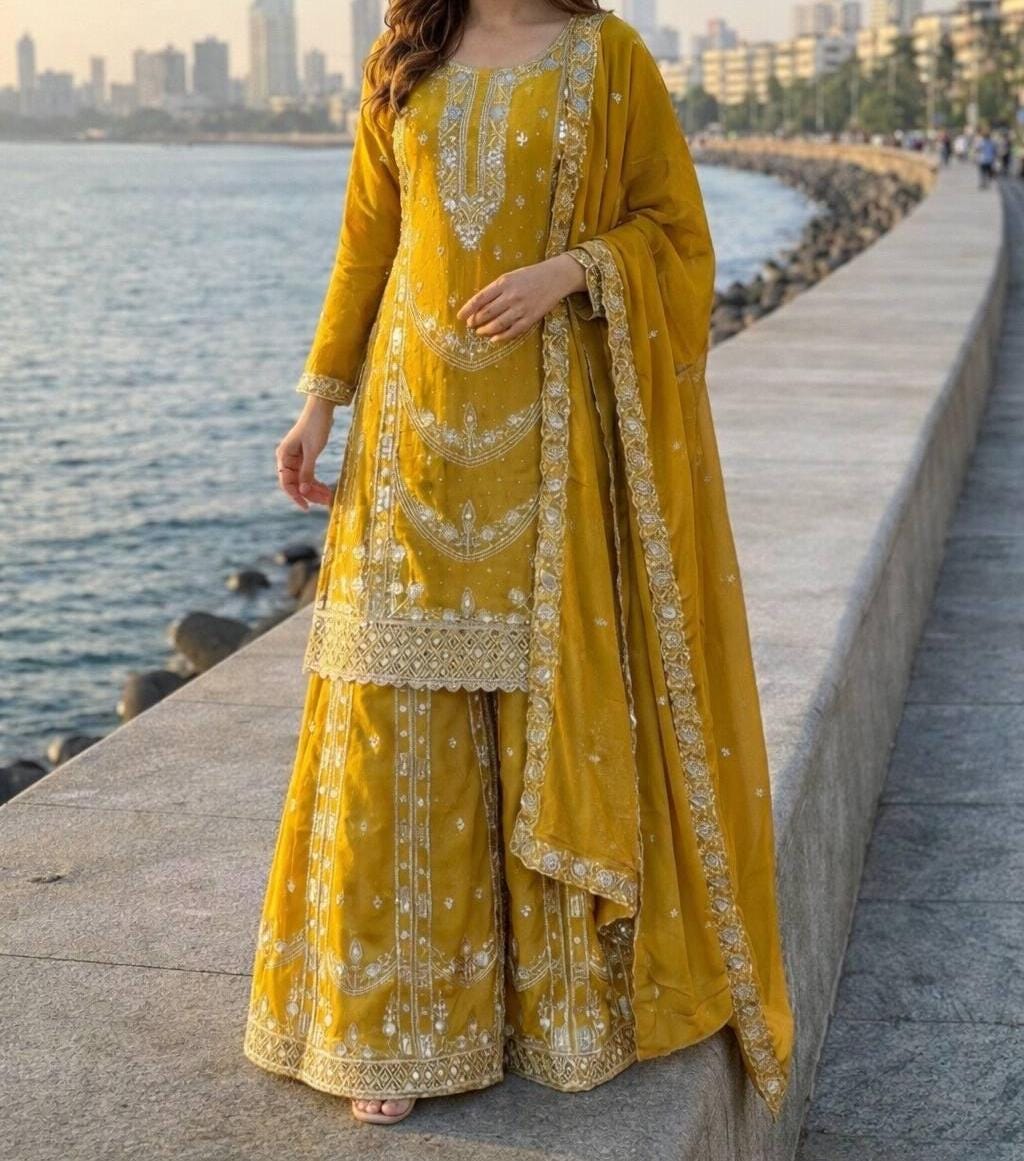 Yellow Embroidered Palazzo Suit with Dupatta | Indian Ethnic Wear