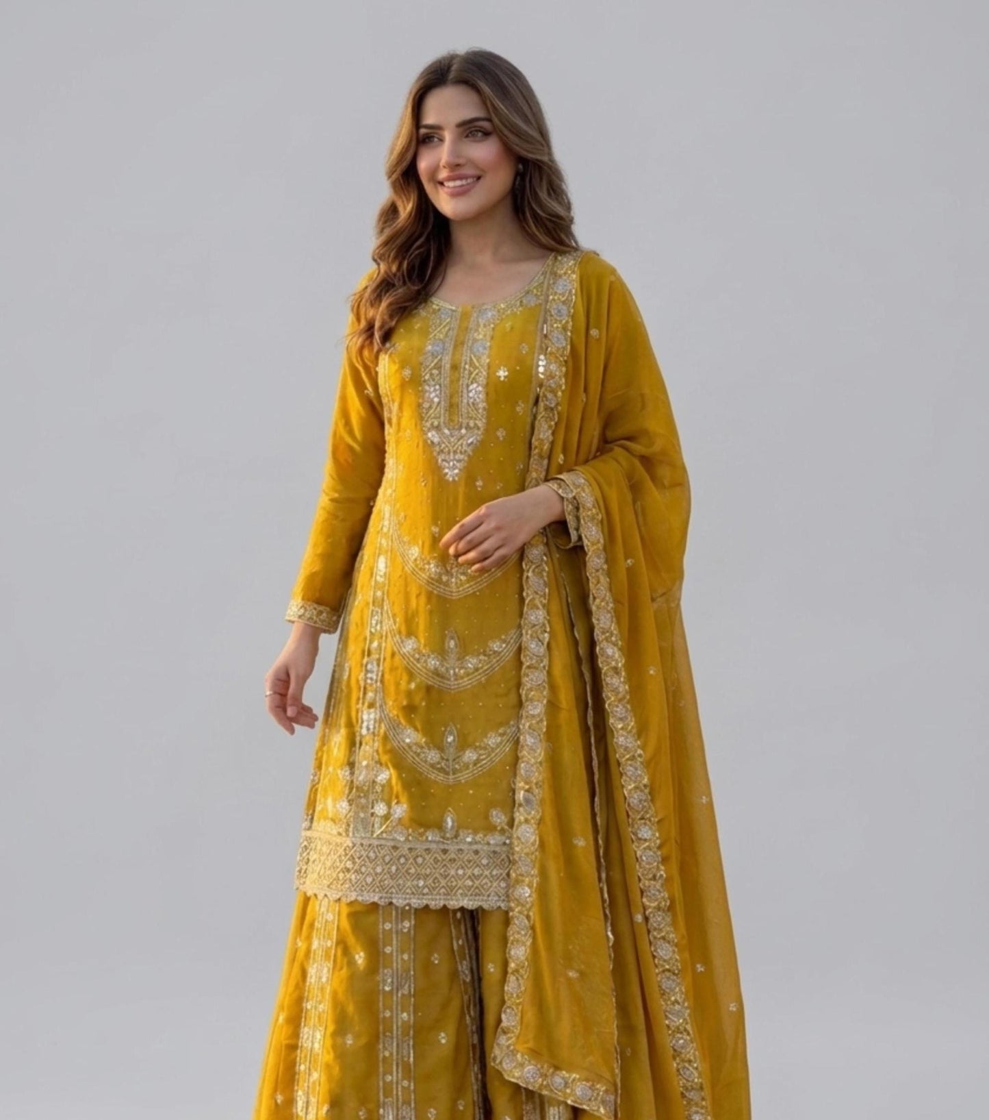 Yellow Embroidered Palazzo Suit with Dupatta | Indian Ethnic Wear