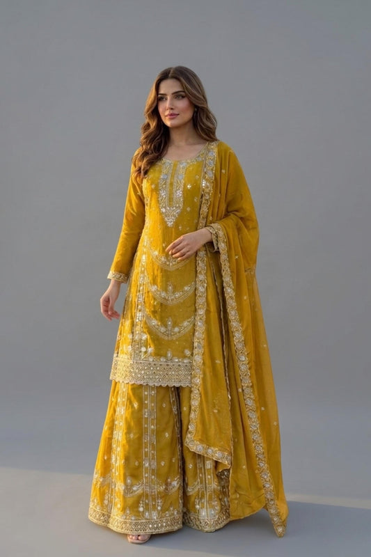 Yellow Embroidered Palazzo Suit with Dupatta | Indian Ethnic Wear