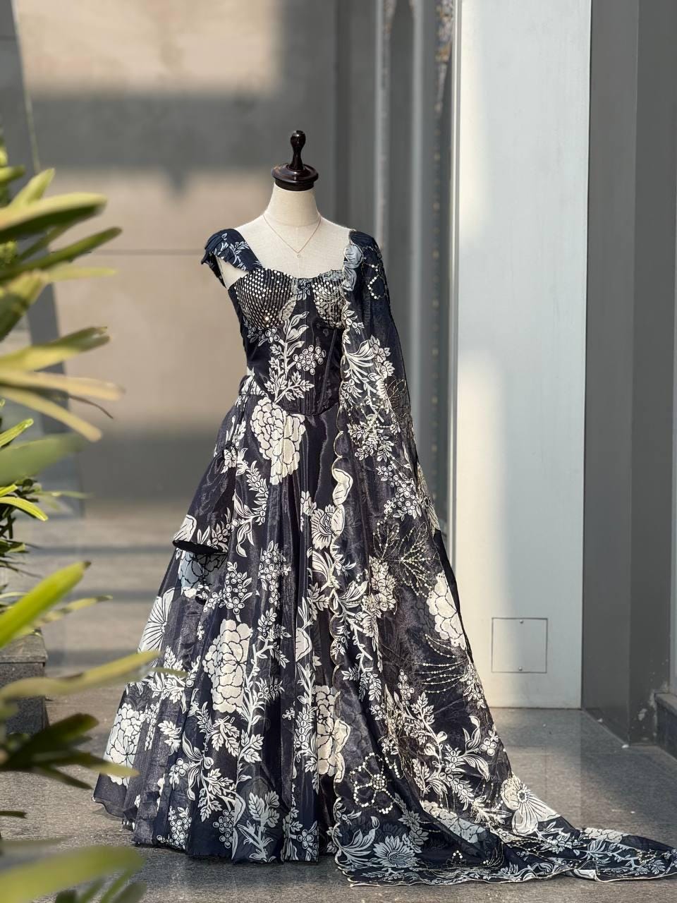 Black Floral Print Organza Lehenga Choli : Designer Party Wear Lehenga