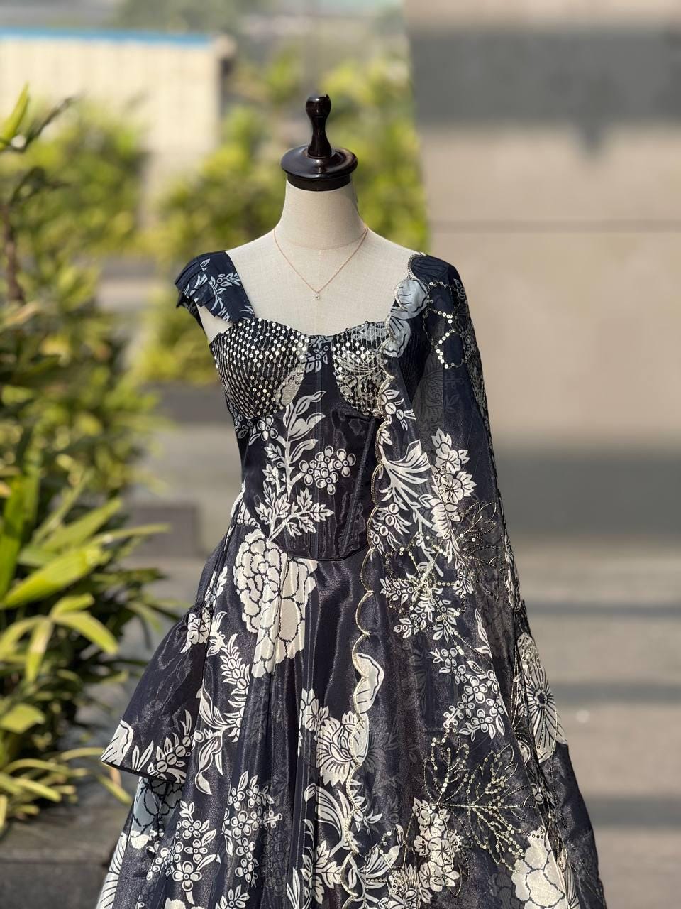 Black Floral Print Organza Lehenga Choli : Designer Party Wear Lehenga