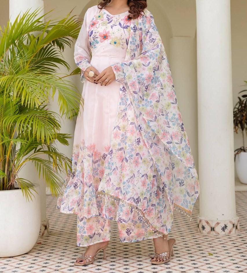 Women's Pink Floral Printed Organza Anarkali Suit Set with Dupatta & Pant
