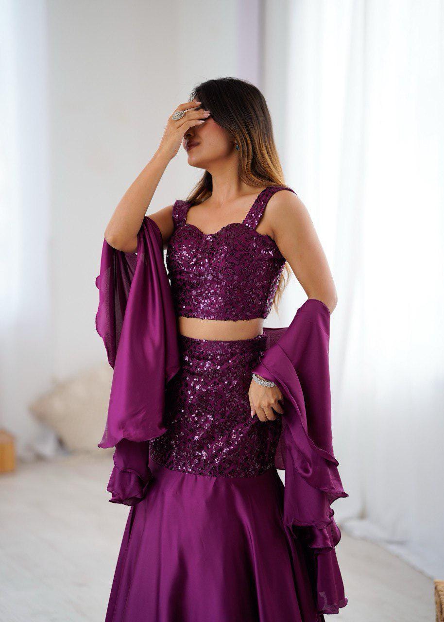 Plum Sequin Embroidered Lehenga Choli Set with Flowy Sleeves