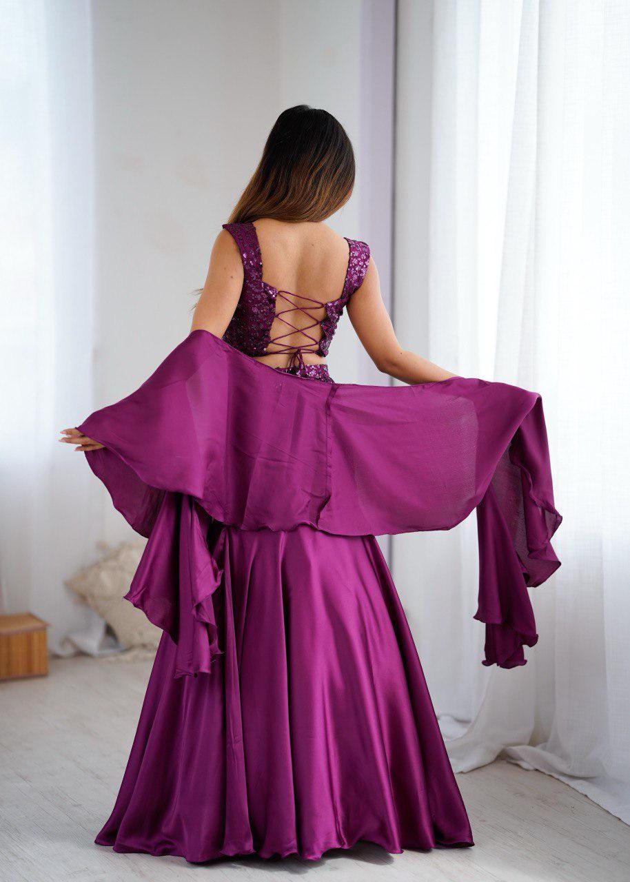 Plum Sequin Embroidered Lehenga Choli Set with Flowy Sleeves