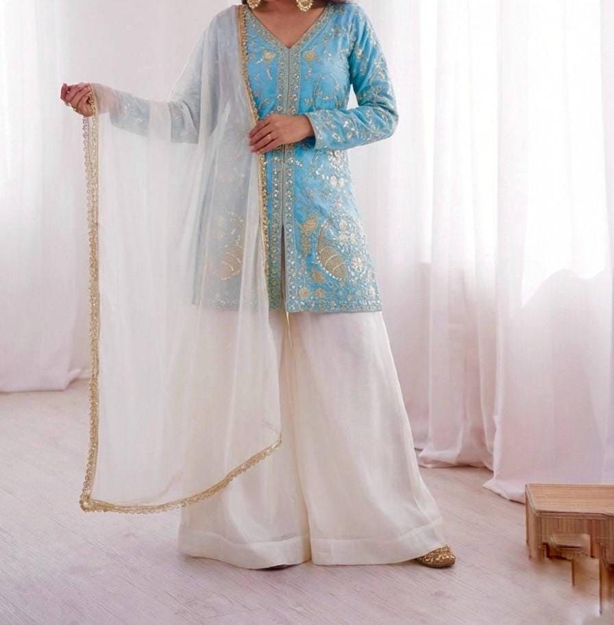 Blue and White Indian Ethnic Wear Kurta Palazzo Outfit - Short kurti , Ethnic fashion India