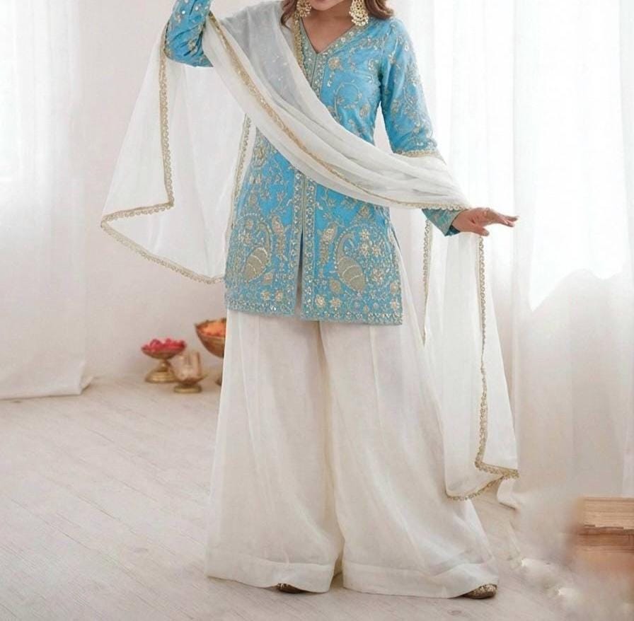 Blue and White Indian Ethnic Wear Kurta Palazzo Outfit - Short kurti , Ethnic fashion India