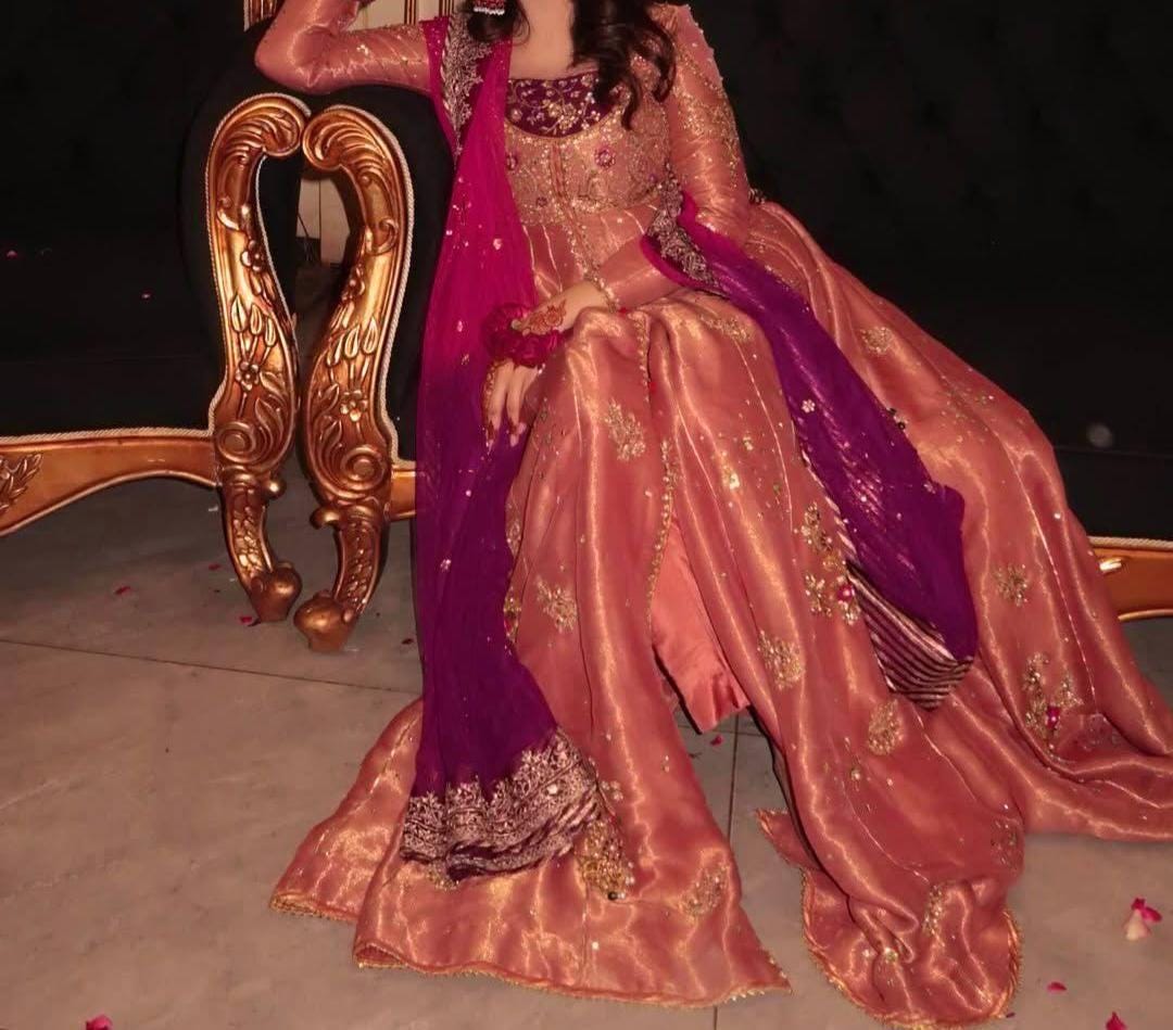 Rose Gold Pakistani Anarkali Suit: Fendy Silk Sequins Embroidery Party Wear