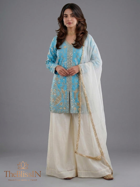 Blue and White Indian Ethnic Wear Kurta Palazzo Outfit - Short kurti , Ethnic fashion India