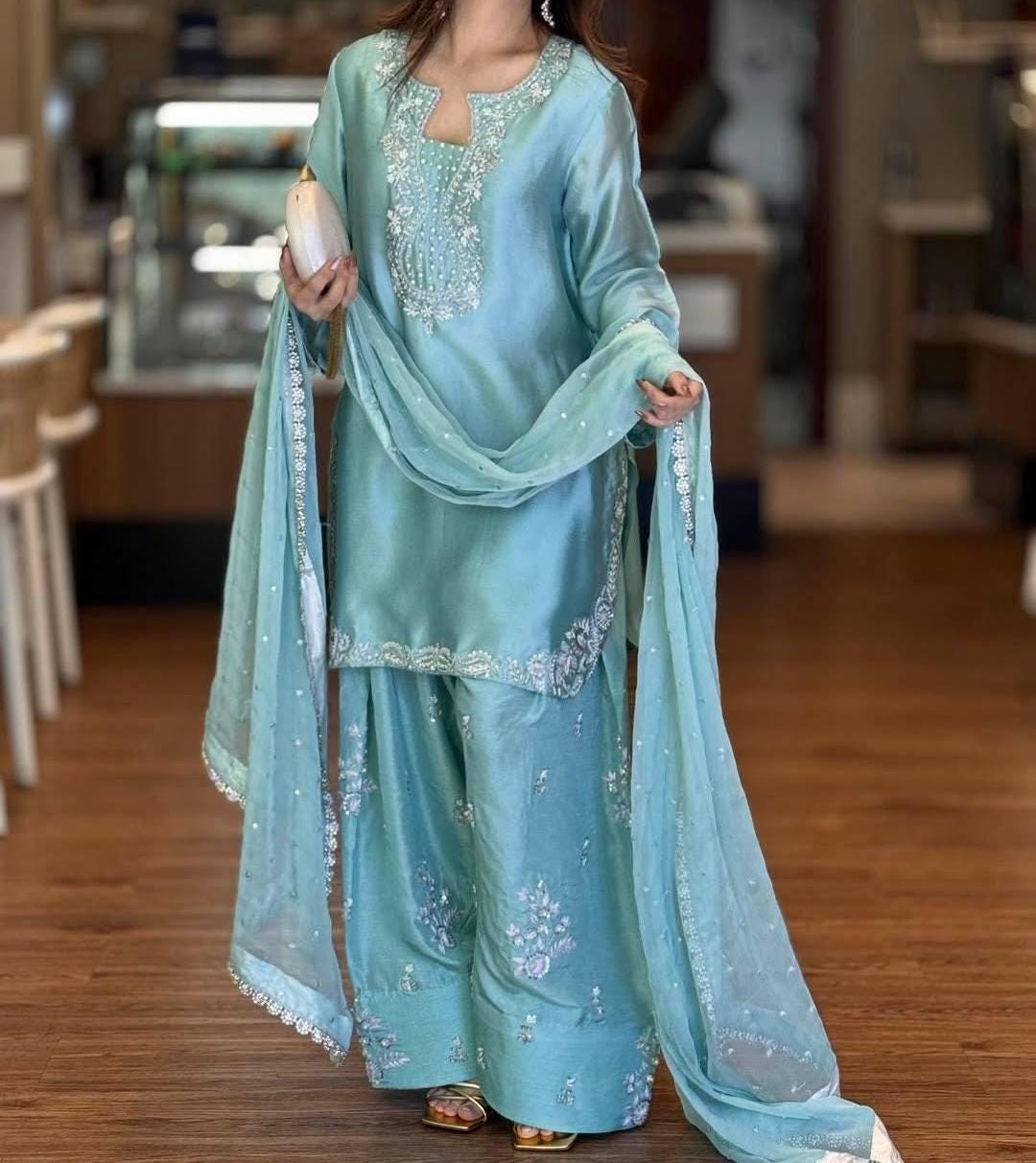Embroidered Blue Silk Farshi Cord Set with Organza Dupatta, Punjabi Style Suit