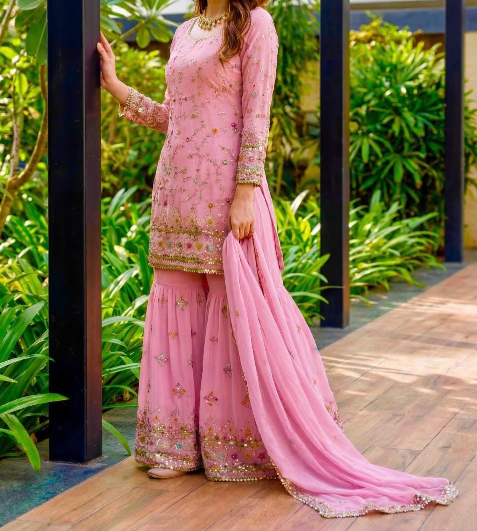 Blush Pink Faux Georgette Hand Embroidered Sharara Suit Set - Festival Wear ,  Styled Sharara